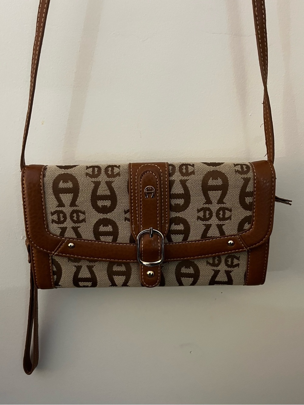 Etienne Aigner Tan and Beige Monogram Crossbody Bag
